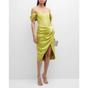 NWT Gigii’s Jasmin Draped Off-Shoulder Corset Midi Dress In Lime Green Medium